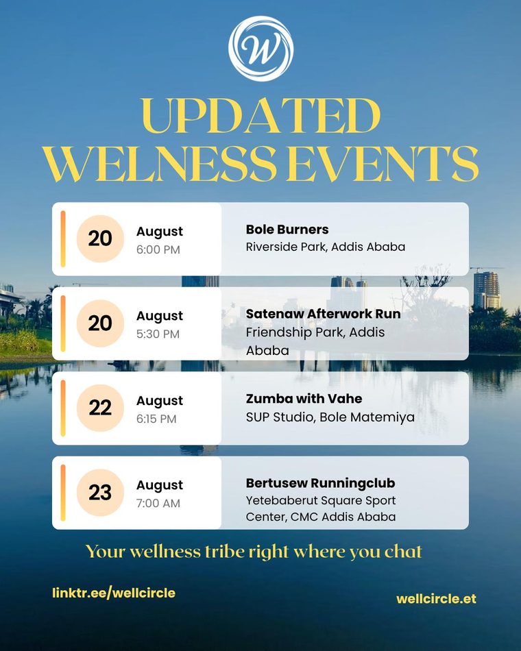 Poster: Bole Burners at Riverside Park, Satenaw Afterwork Run at Friendship Park, Zumba with Vahe at Sup Studio and Bertusew Runningclub, 20–23 August.