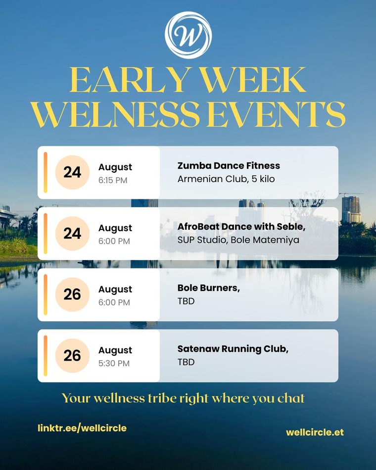 Poster: Zumba Dance Fitness at the Armenian Club, AfroBeat Dance with Seble at Sup Studio, Bole Burners and Satenaw Running Club, 24–26 August.