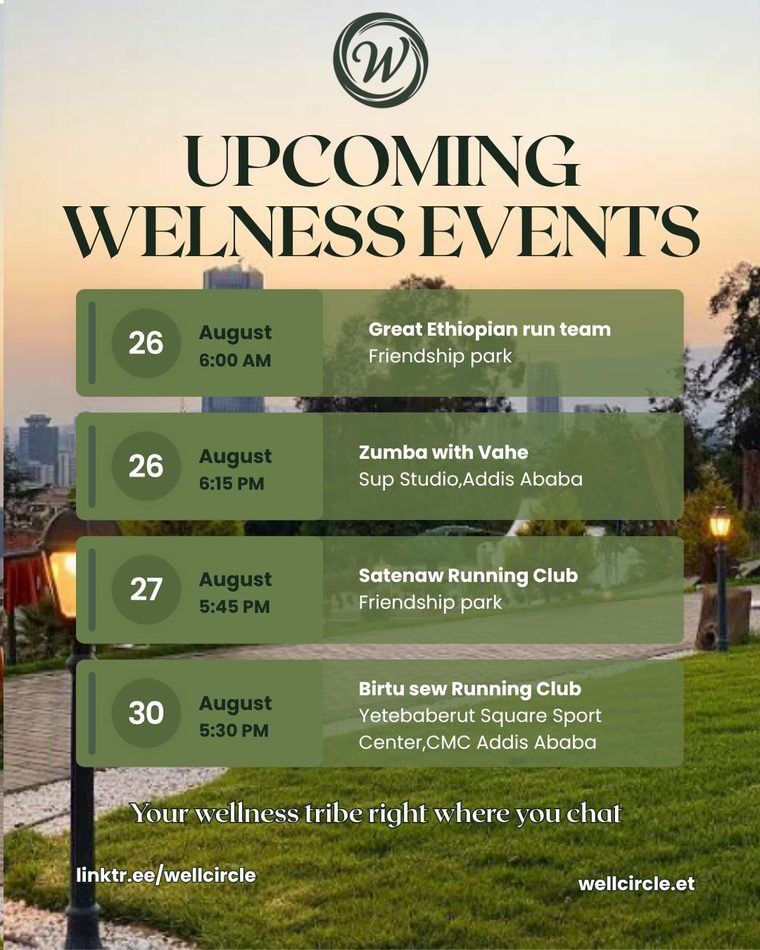 Well Circle weekly poster listing wellness events on 26–30 August in Addis Ababa.