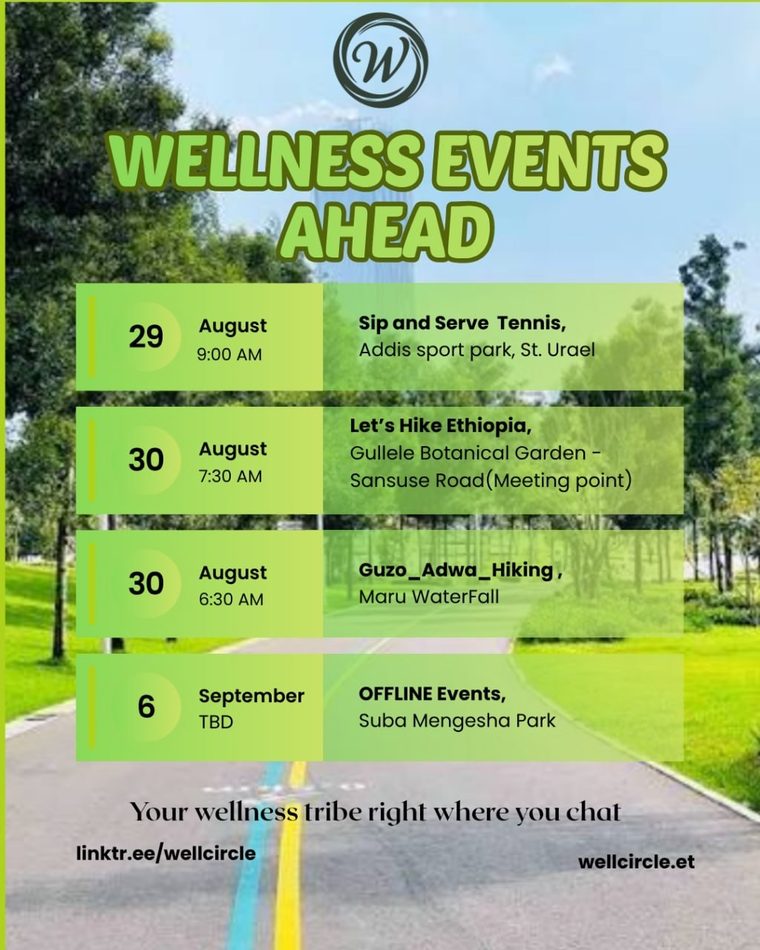 Poster: Sip and Serve Tennis at Addis Sport Park, Let’s Hike Ethiopia at Gullele Botanical Garden, and Guzo Adwa Hiking at Maru Waterfall, 29 August to 6 September.