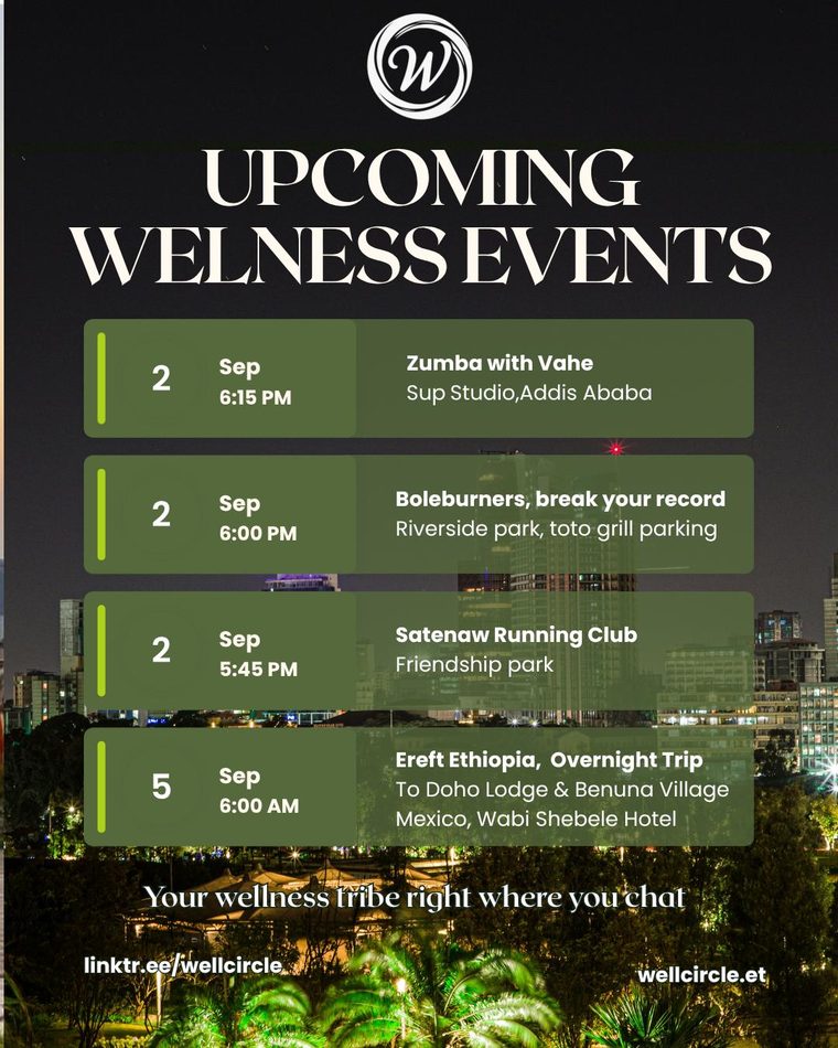 Well Circle weekly poster listing wellness events on 2–5 September, including an overnight trip.